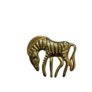 Vintage Textured Grazing Prancing Zebra Horse Gold Tone Brooch Pin